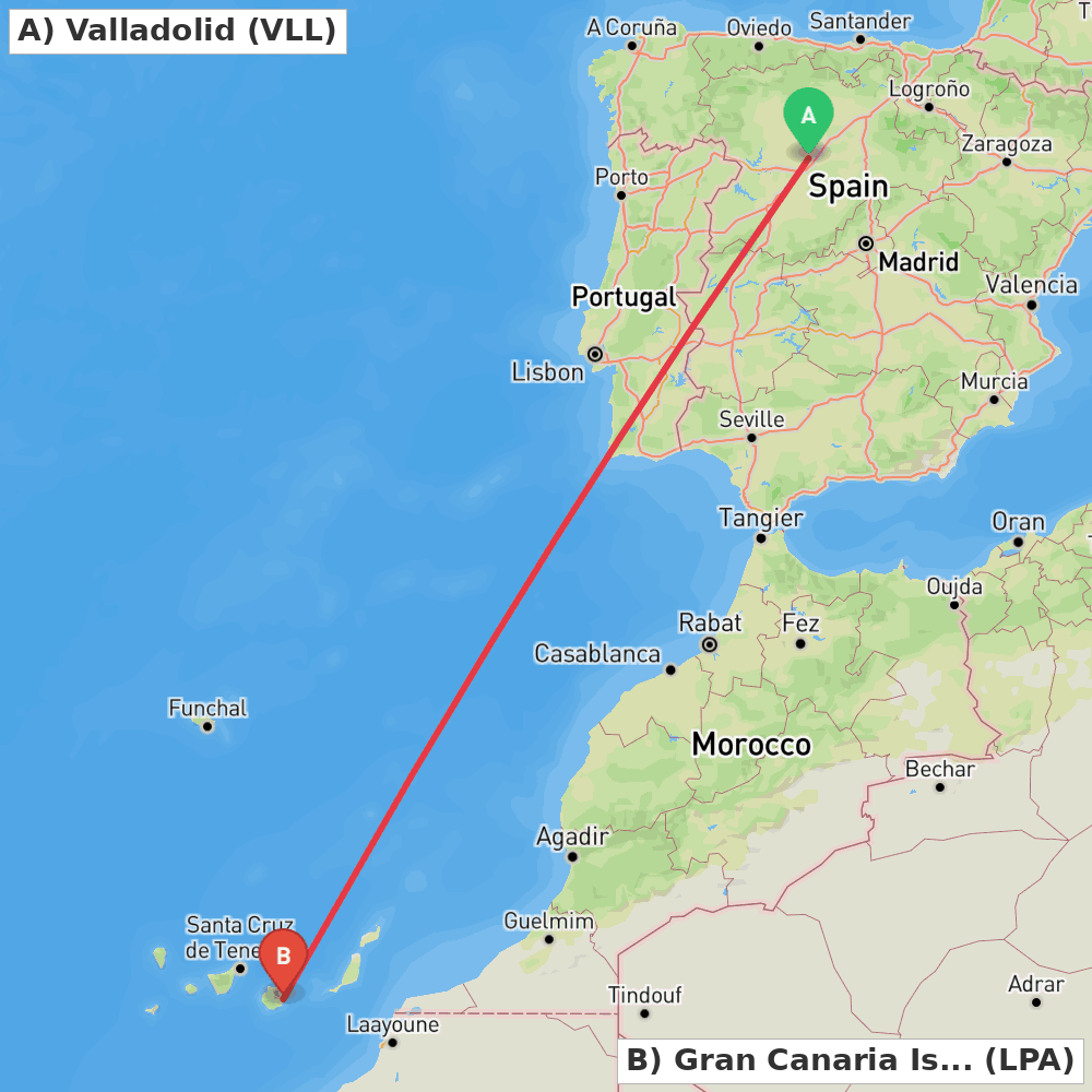 Flight route map from Valladolid to Gran Canaria Island
