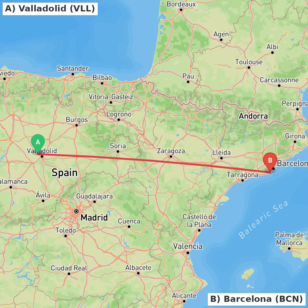Flight route map from Valladolid to Barcelona