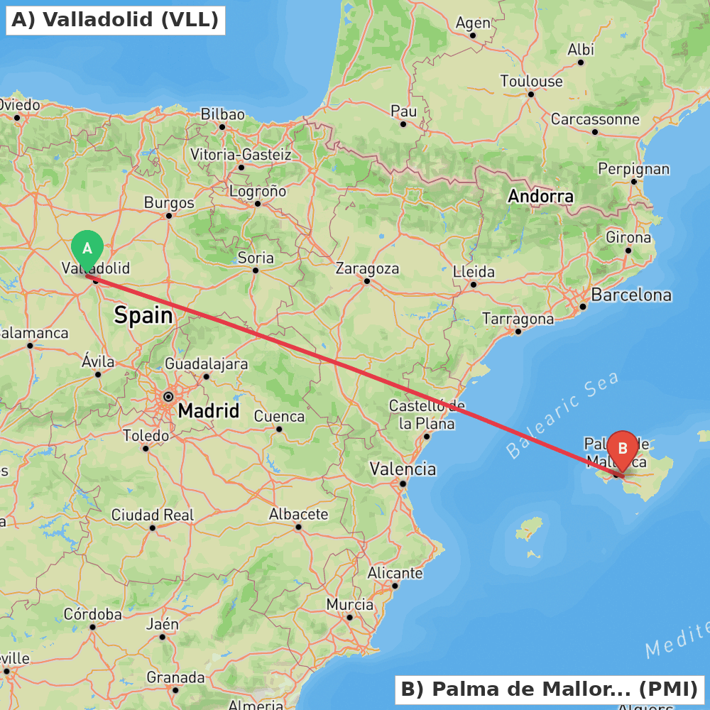 Flight route map from Valladolid to Palma de Mallorca