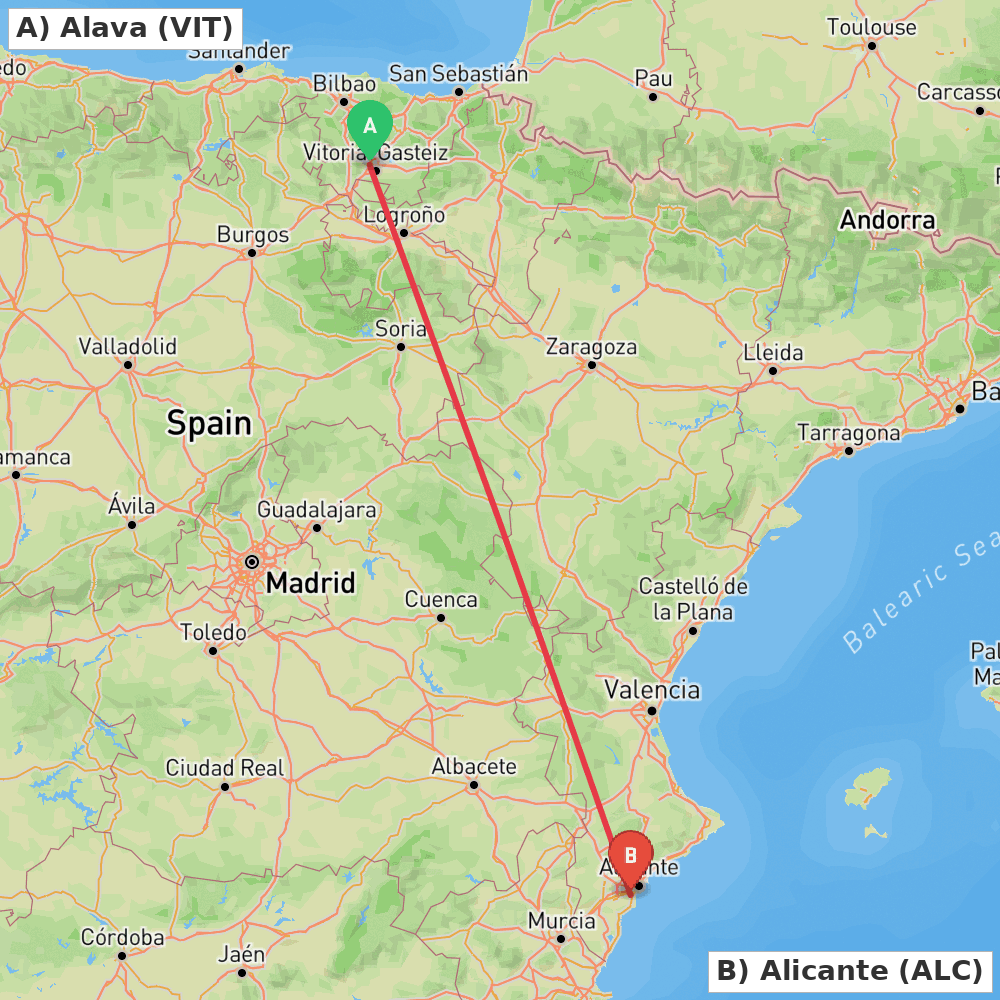 Flight route map from Alava to Alicante