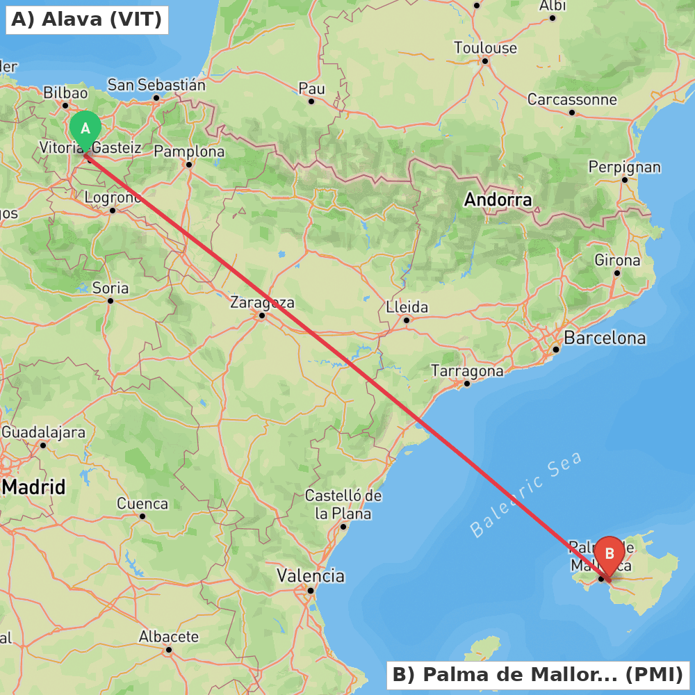 Flight route map from Alava to Palma de Mallorca