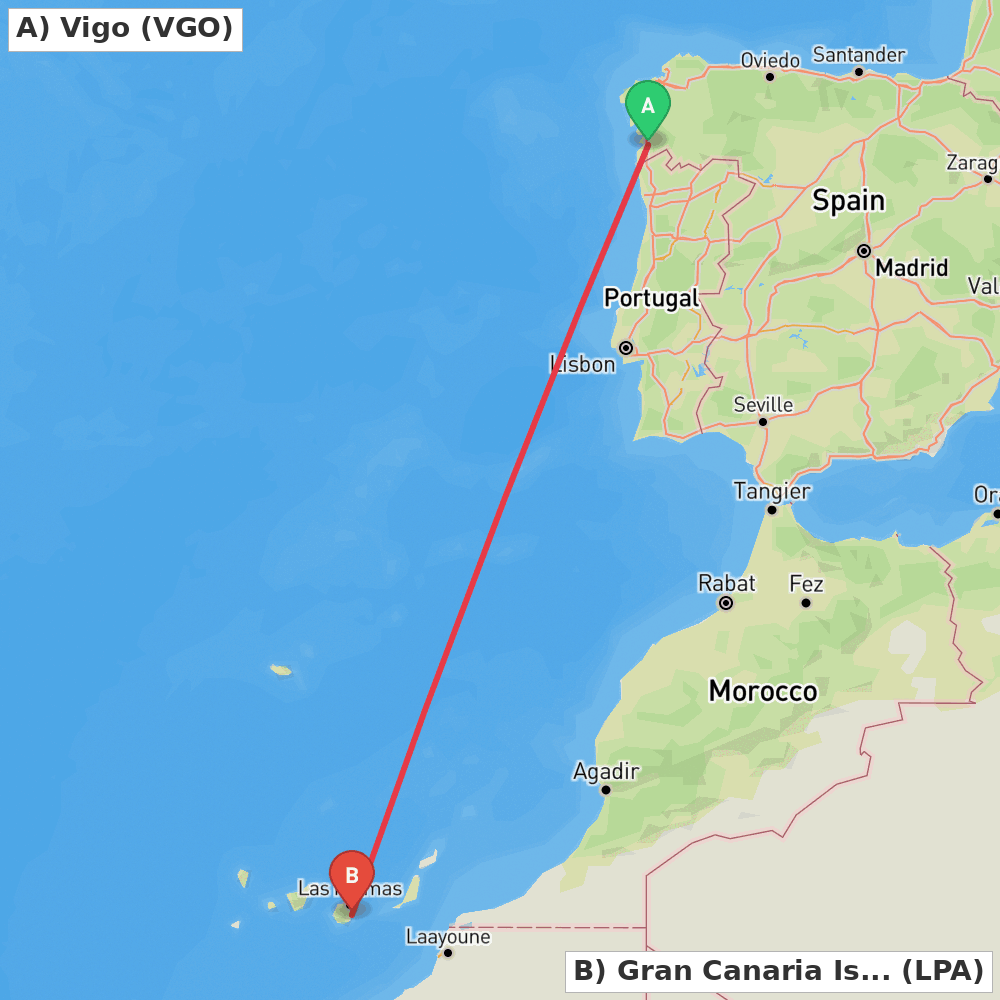 Flight route map from Vigo to Gran Canaria Island
