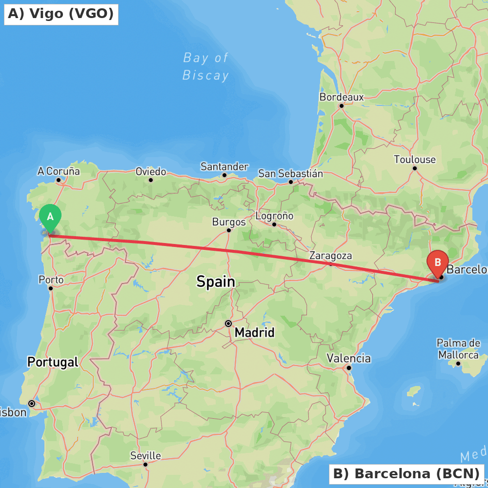 Flight route map from Vigo to Barcelona