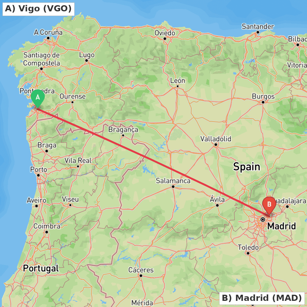 Flight route map from Vigo to Madrid