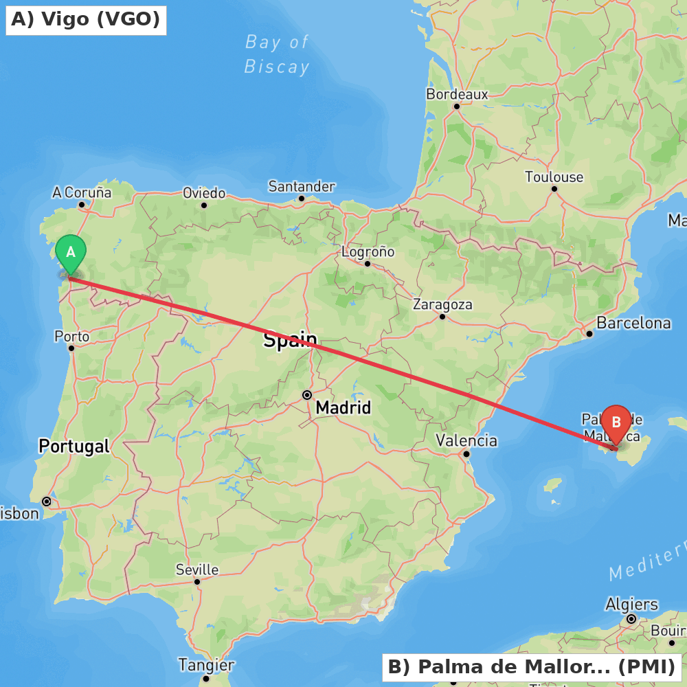 Flight route map from Vigo to Palma de Mallorca