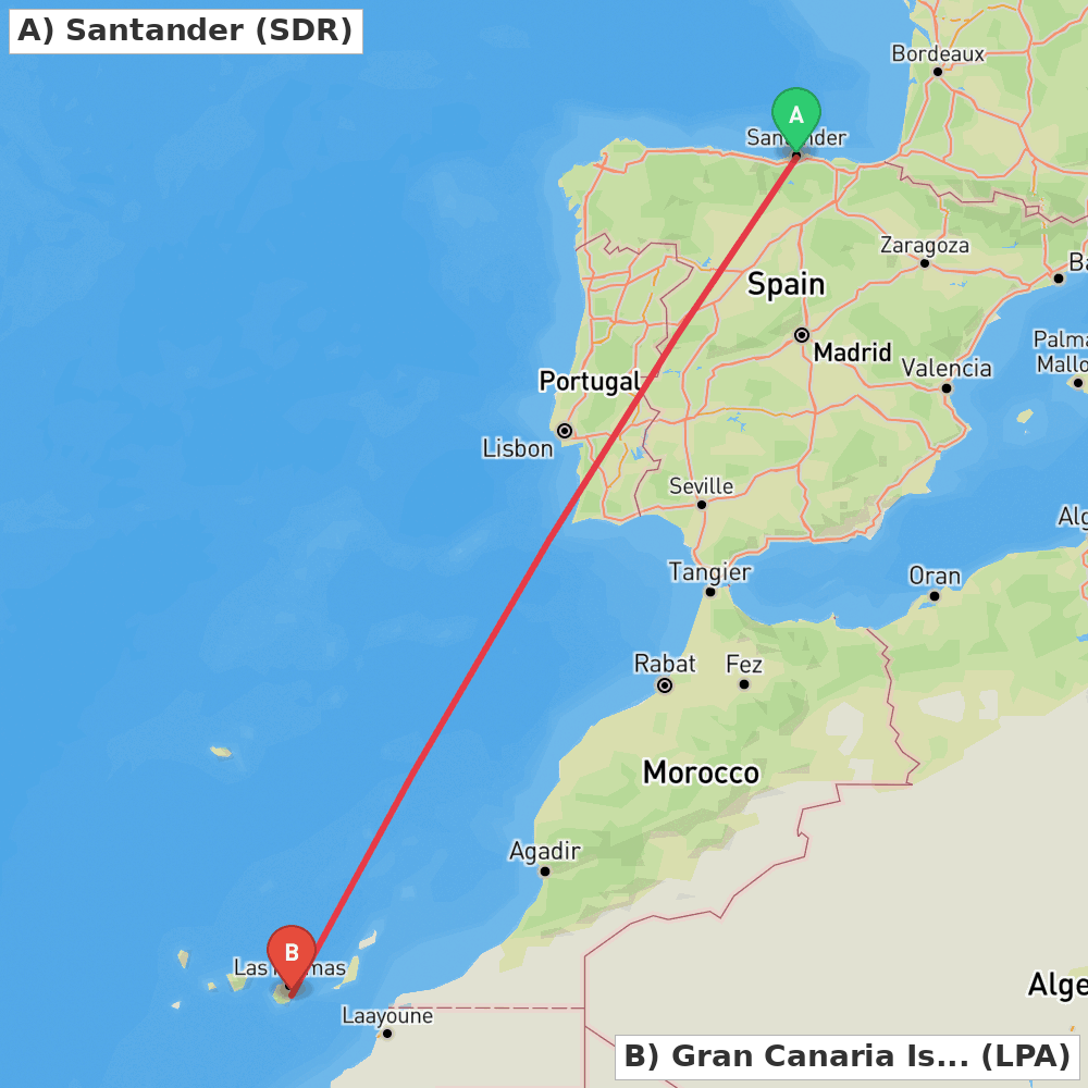 Flight route map from Santander to Gran Canaria Island