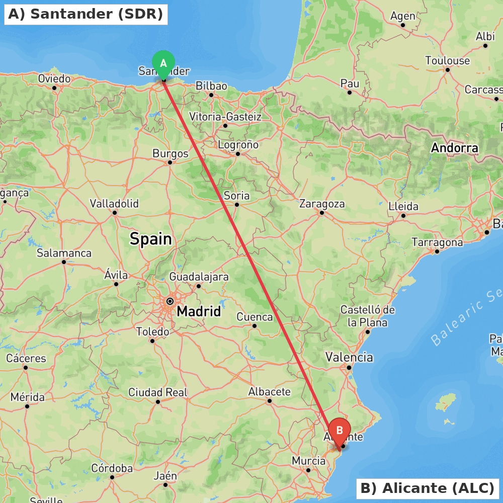 Flight route map from Santander to Alicante