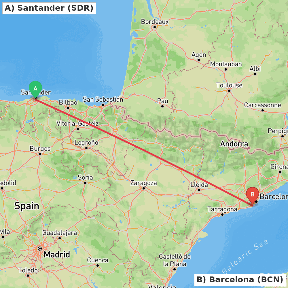 Flight route map from Santander to Barcelona