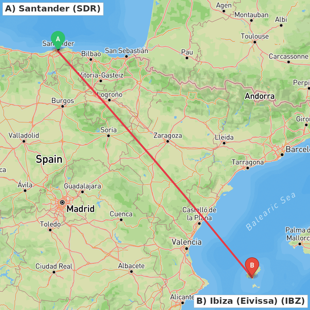 Flight route map from Santander to Ibiza (Eivissa)