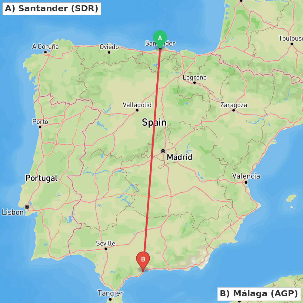 Flight route map from Santander to Málaga