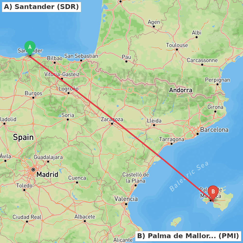 Flight route map from Santander to Palma de Mallorca