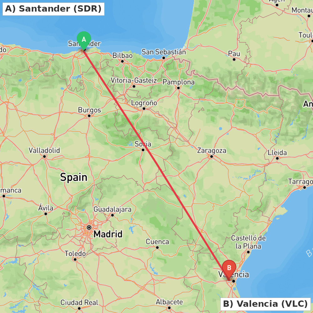 Flight route map from Santander to Valencia