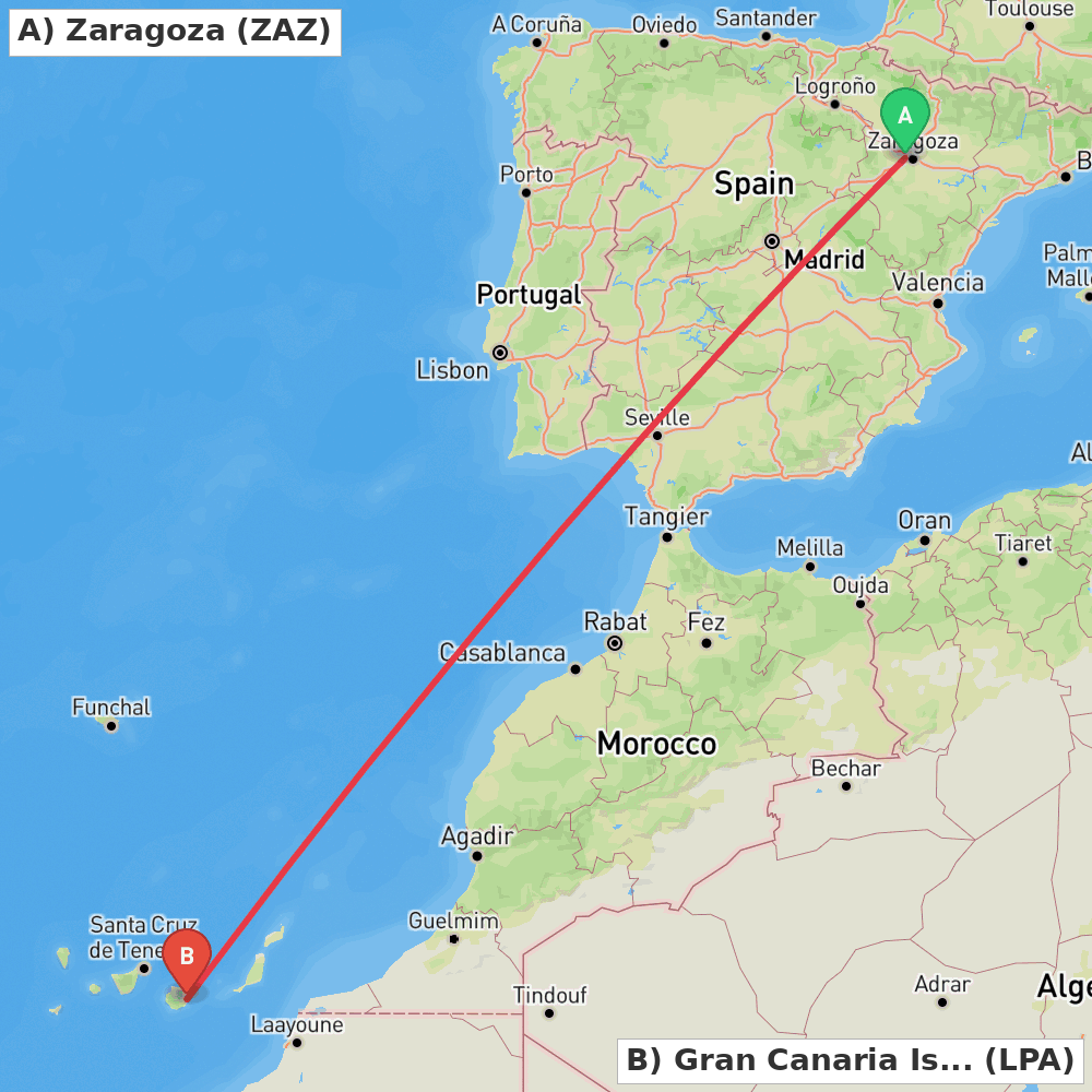 Flight route map from Zaragoza to Gran Canaria Island