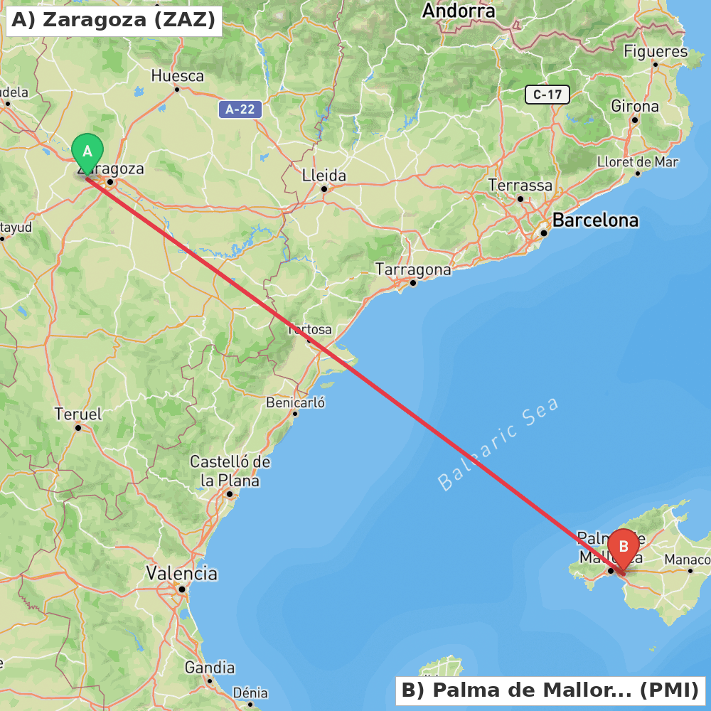 Flight route map from Zaragoza to Palma de Mallorca