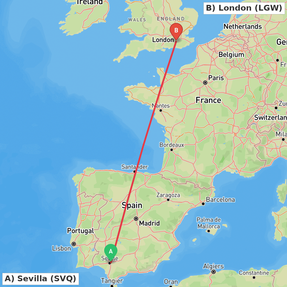Flight route map from Sevilla to London