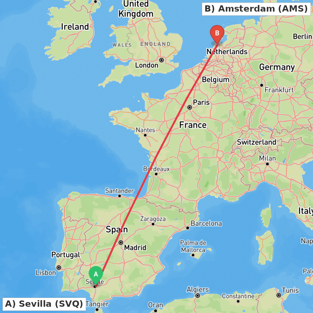 Flight route map from Sevilla to Amsterdam