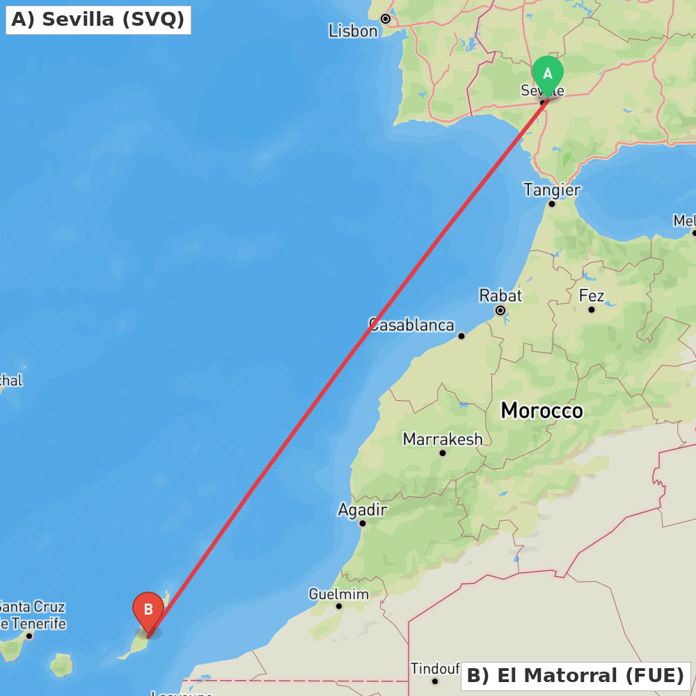 Flight route map from Sevilla to El Matorral