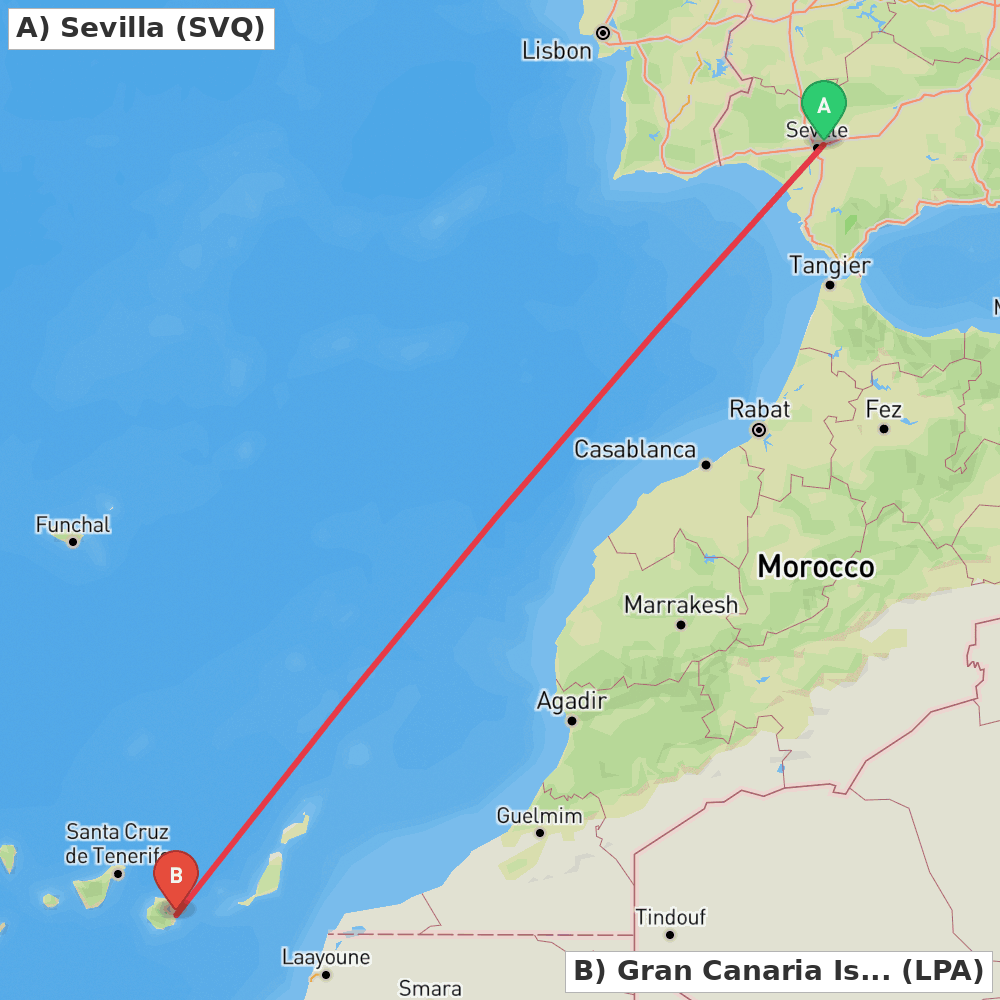 Flight route map from Sevilla to Gran Canaria Island