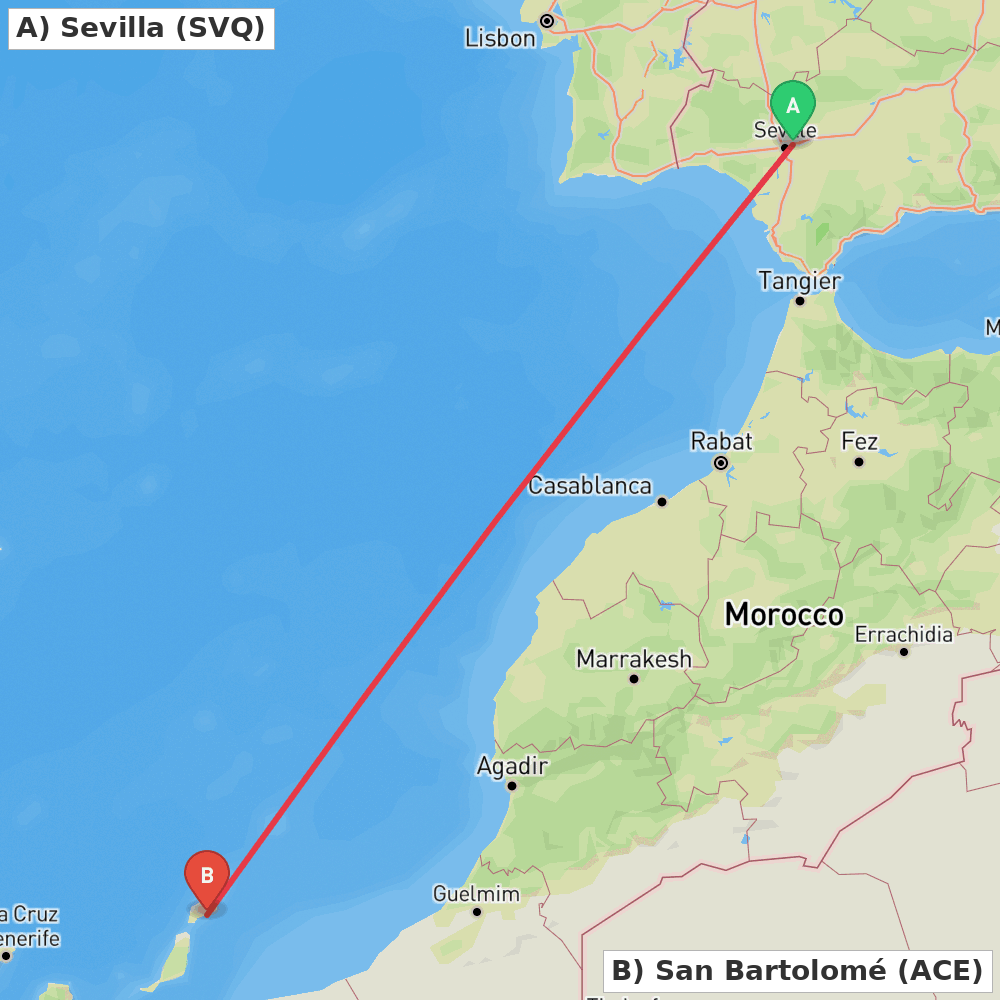Flight route map from Sevilla to San Bartolomé