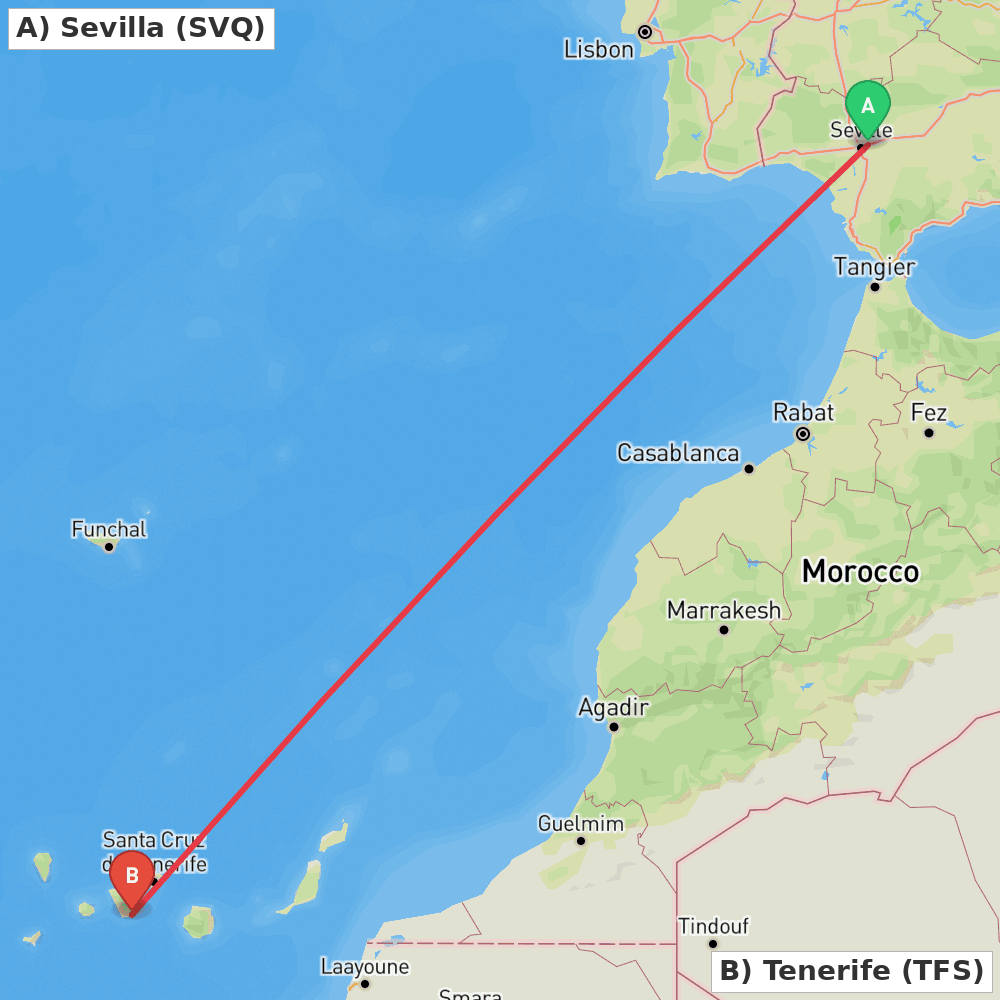 Flight route map from Sevilla to Tenerife