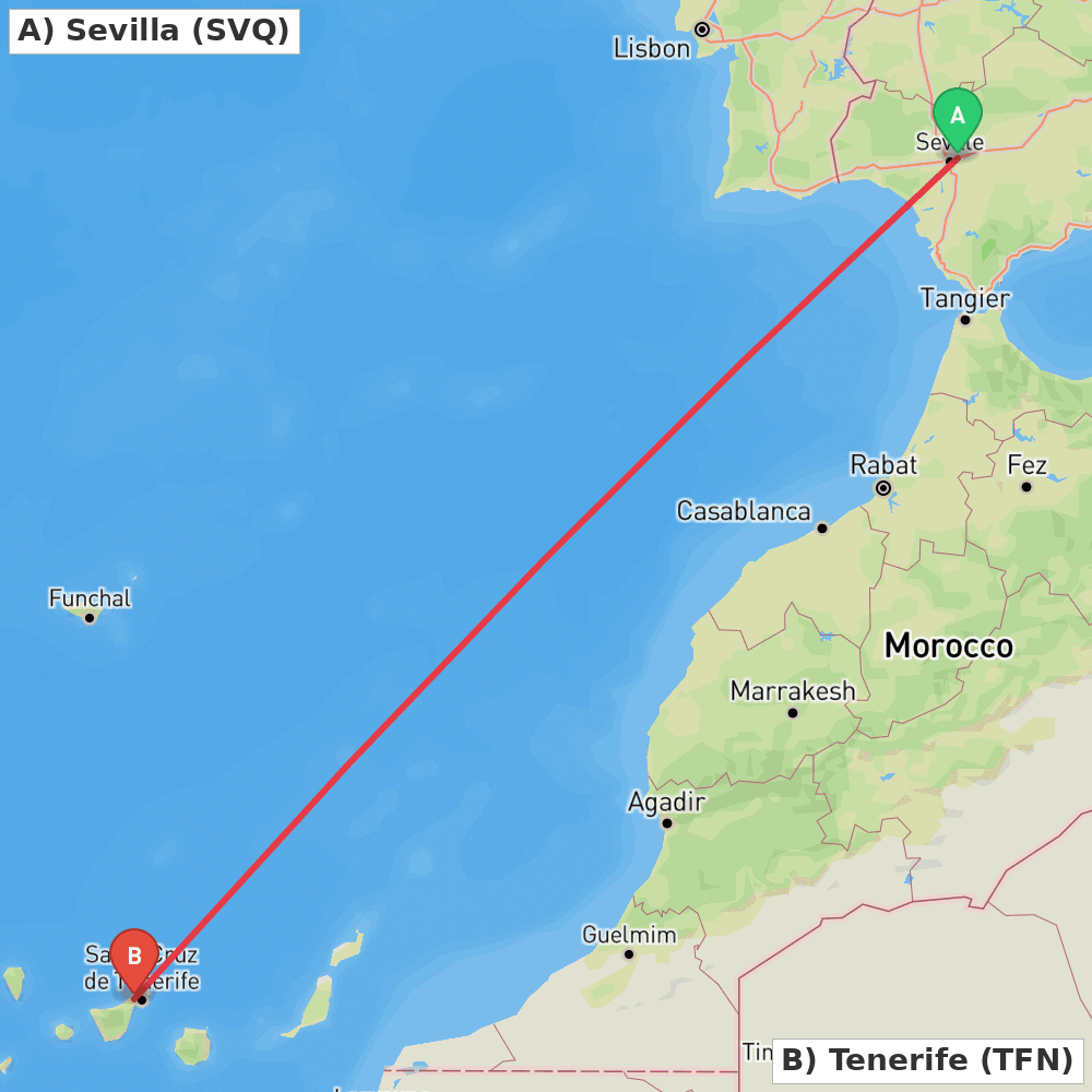 Flight route map from Sevilla to Tenerife