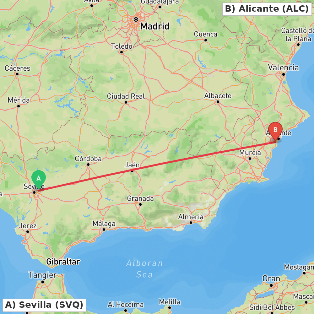 Flight route map from Sevilla to Alicante