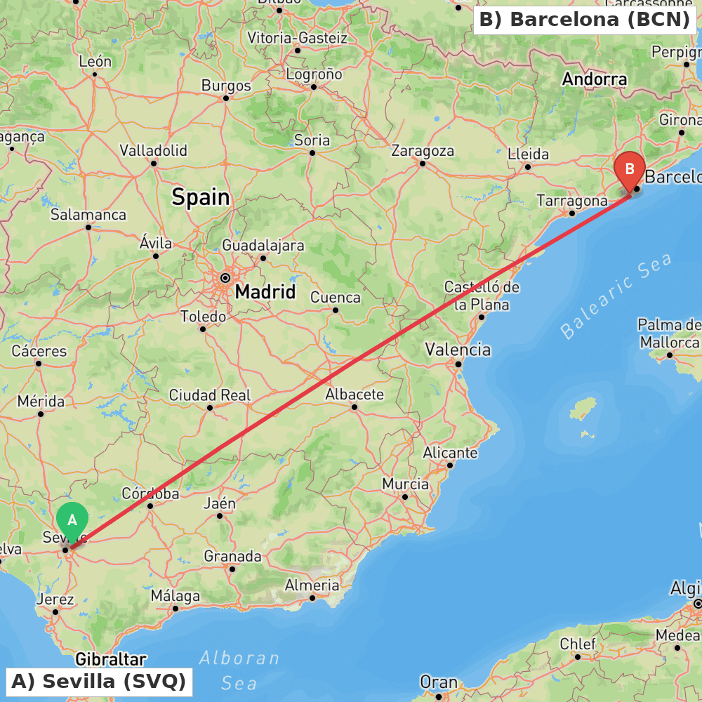 Flight route map from Sevilla to Barcelona