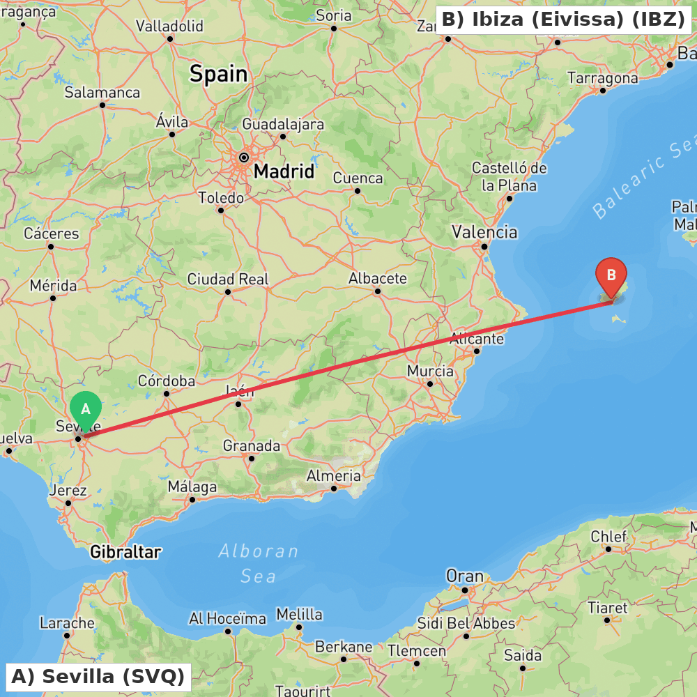 Flight route map from Sevilla to Ibiza (Eivissa)