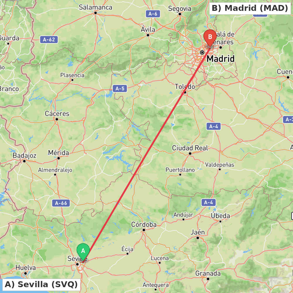 Flight route map from Sevilla to Madrid