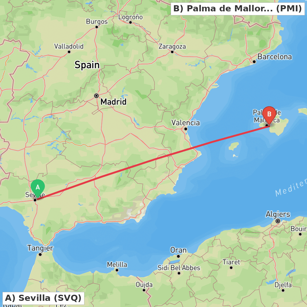 Flight route map from Sevilla to Palma de Mallorca