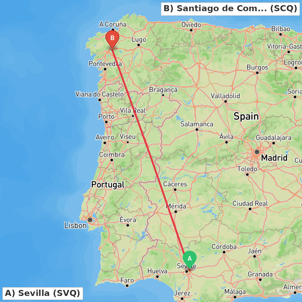 Flight route map from Sevilla to Santiago de Compostela