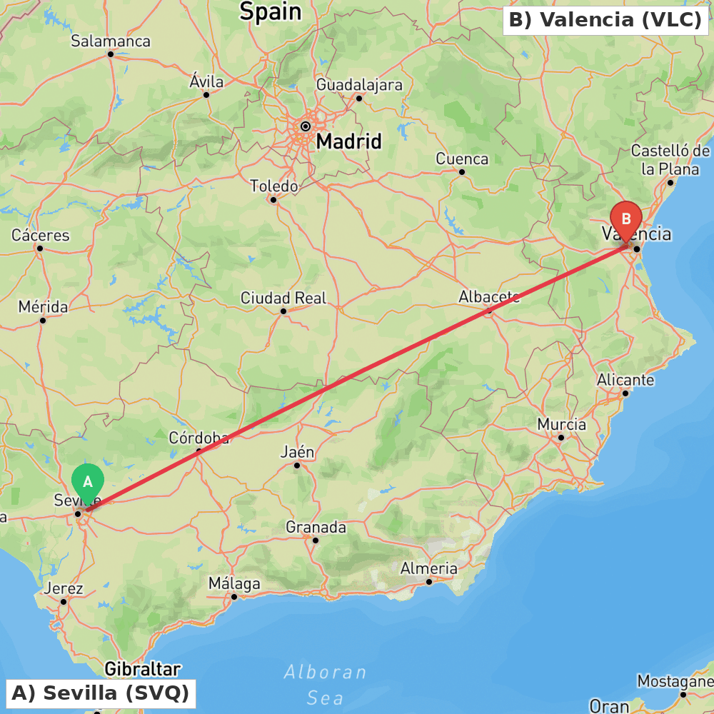 Flight route map from Sevilla to Valencia