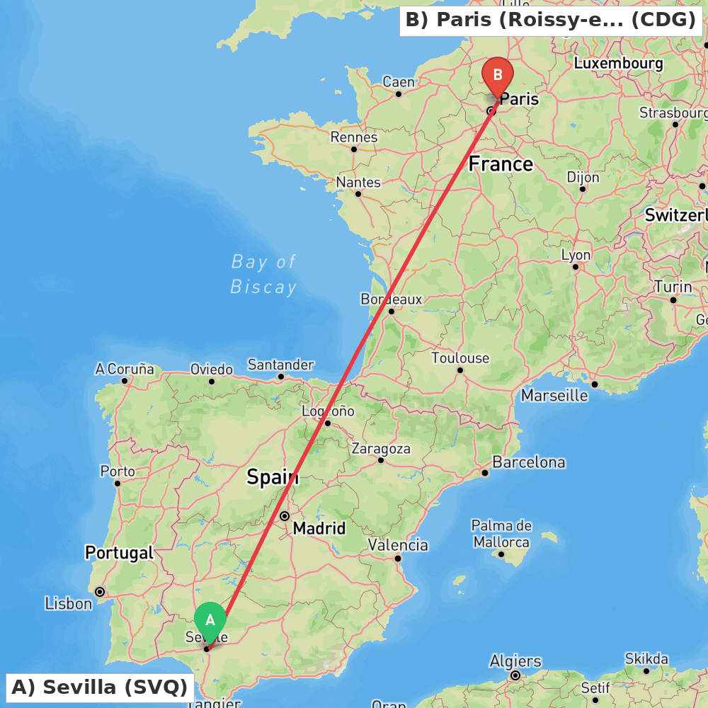 Flight route map from Sevilla to Paris (Roissy-en-France, Val-d'Oise)