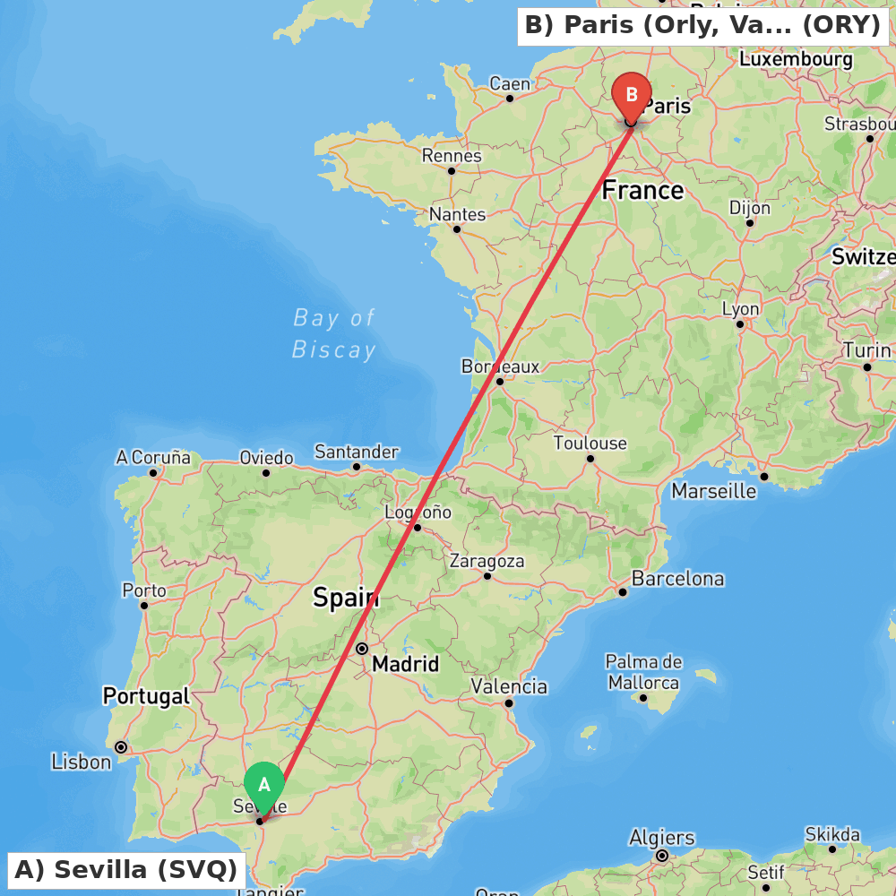 Flight route map from Sevilla to Paris (Orly, Val-de-Marne)