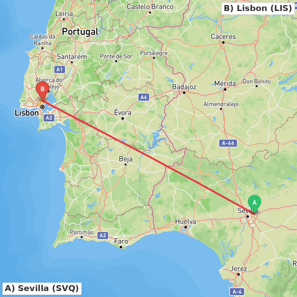 Flight route map from Sevilla to Lisbon