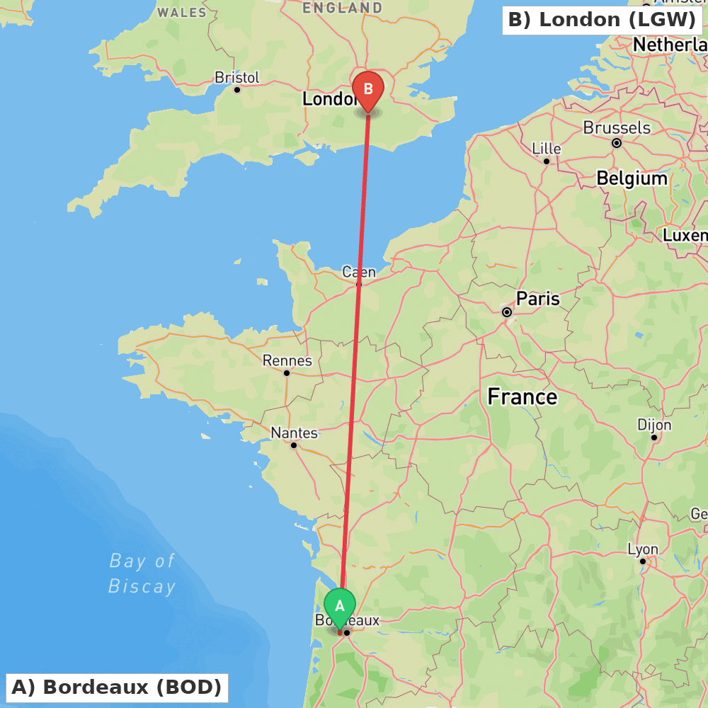 Flight route map from Bordeaux to London