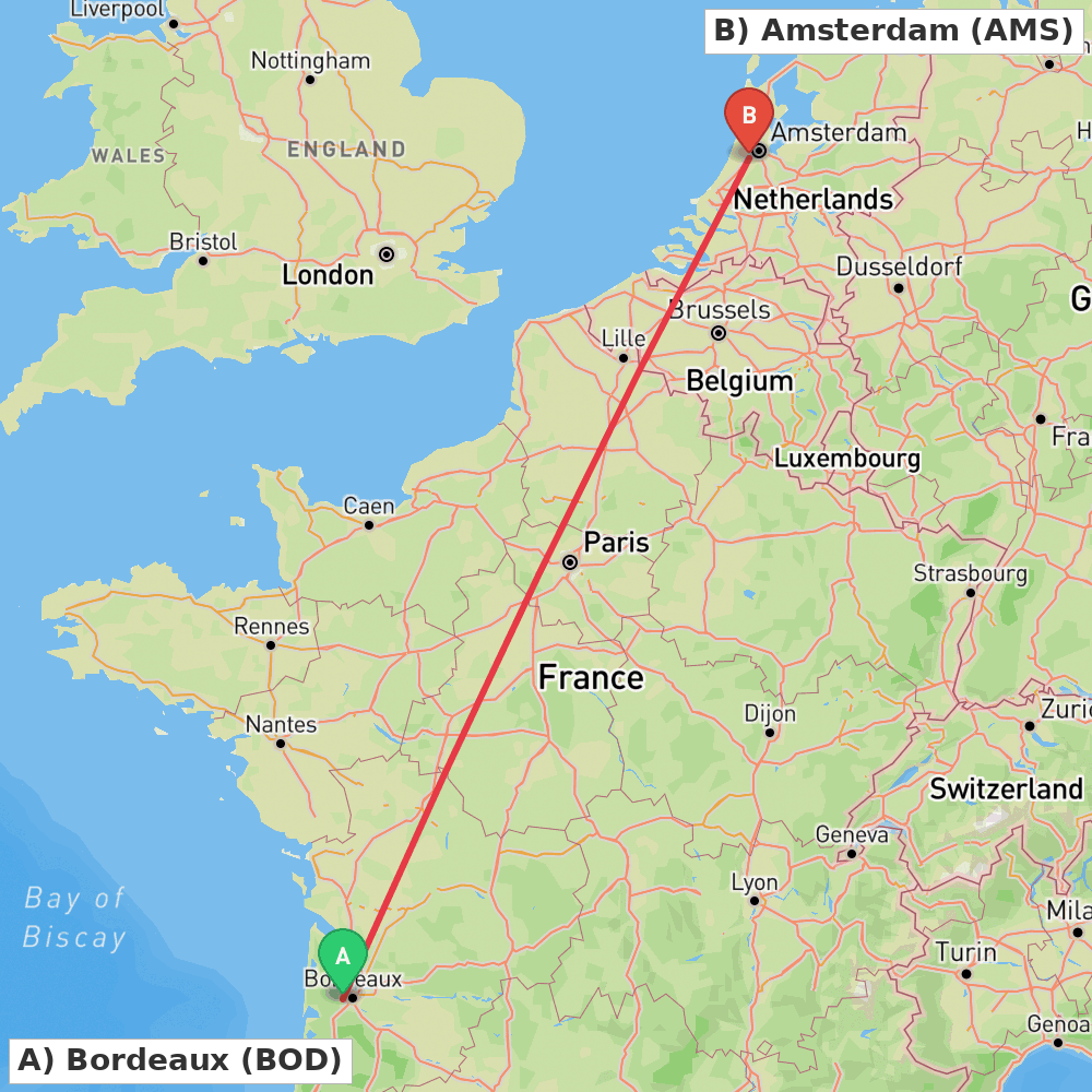 Flight route map from Bordeaux to Amsterdam