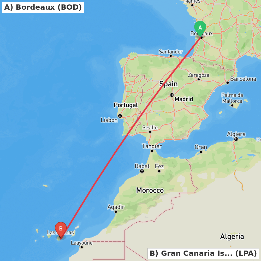 Flight route map from Bordeaux to Gran Canaria Island