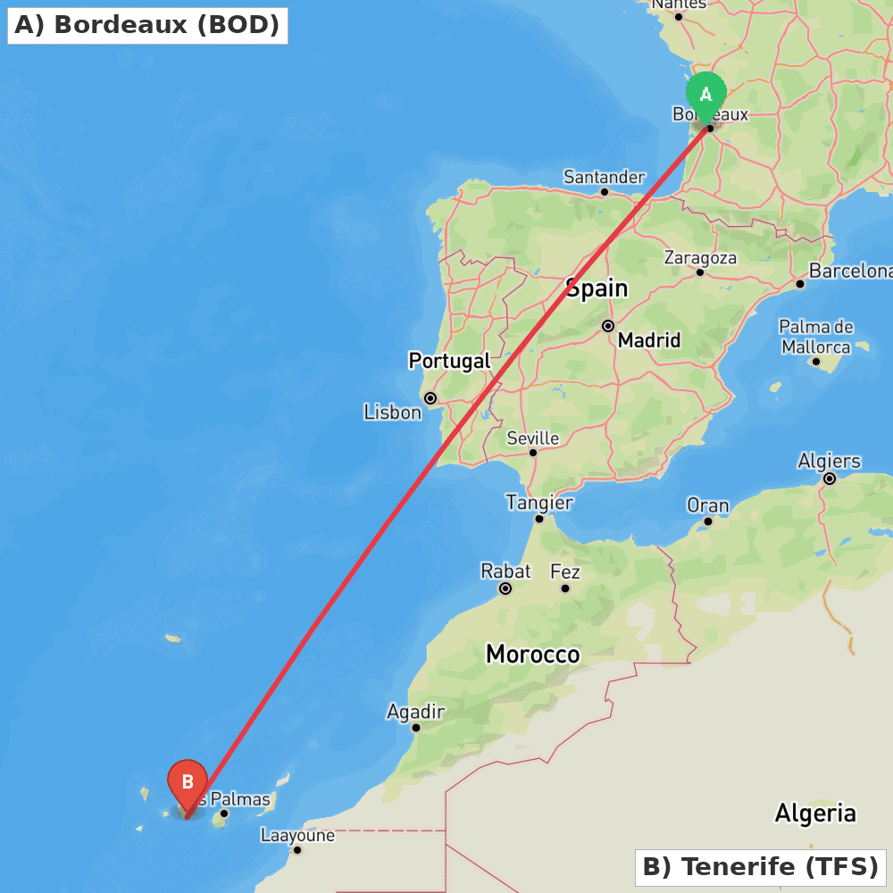 Flight route map from Bordeaux to Tenerife