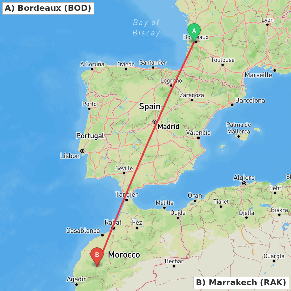 Flight route map from Bordeaux to Marrakech