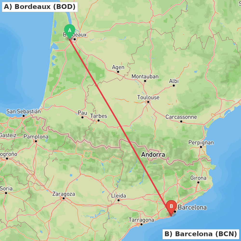 Flight route map from Bordeaux to Barcelona