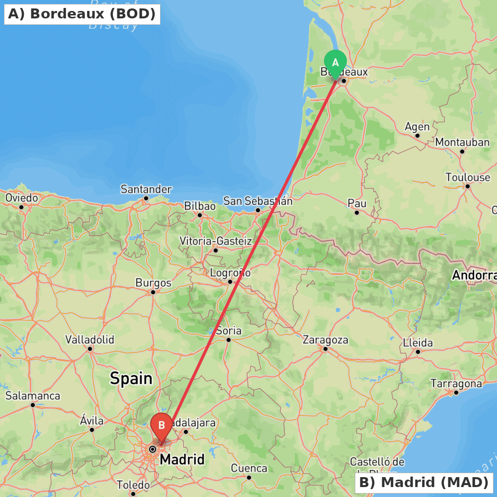 Flight route map from Bordeaux to Madrid