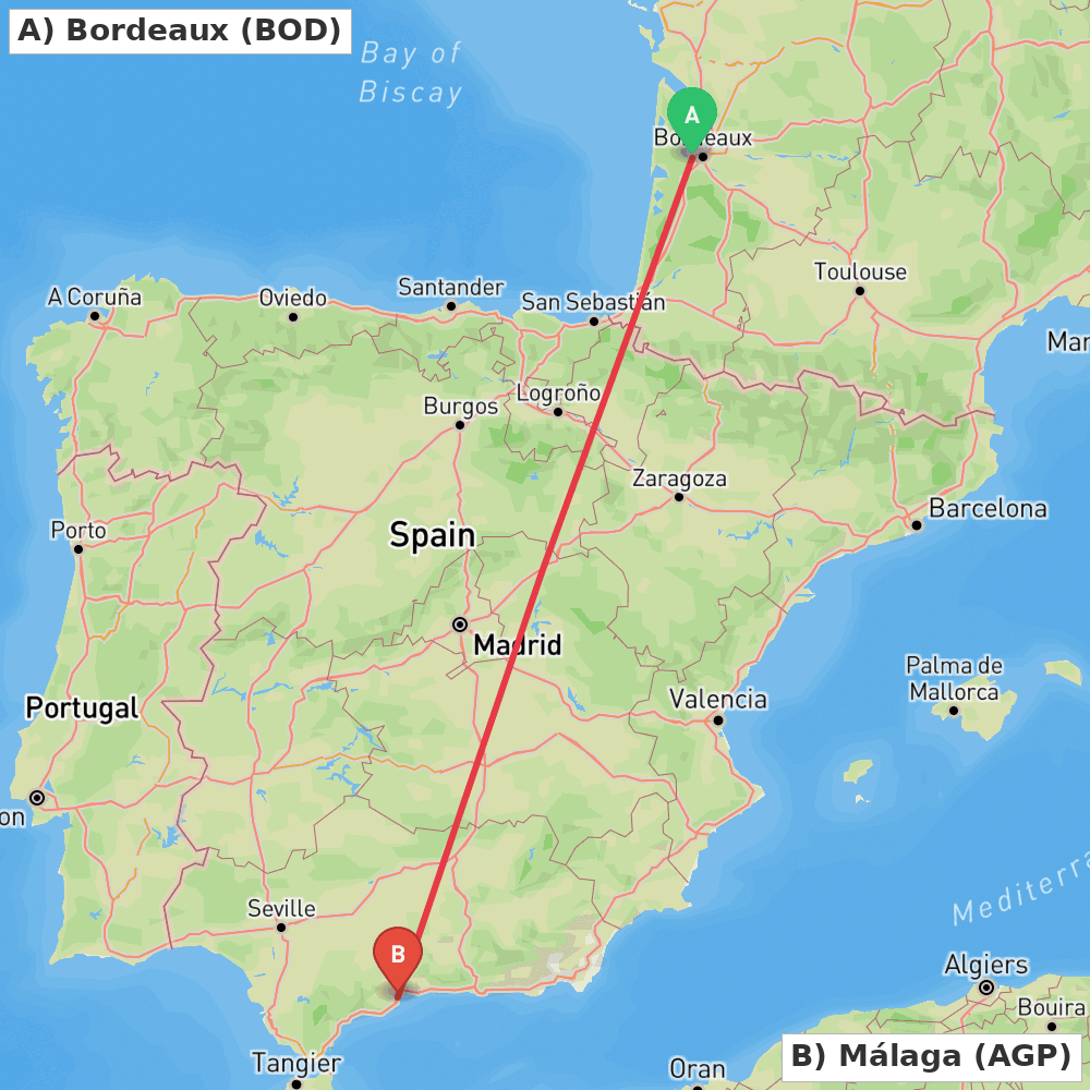 Flight route map from Bordeaux to Málaga