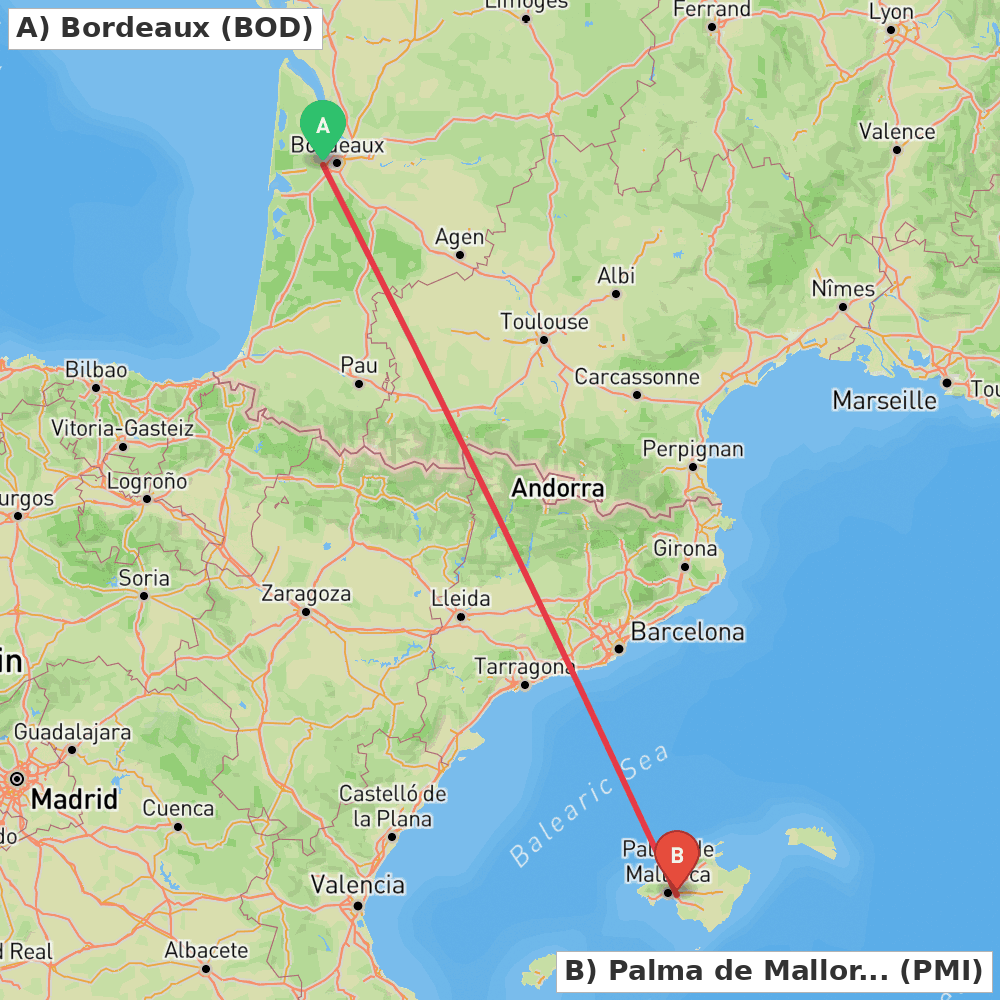 Flight route map from Bordeaux to Palma de Mallorca