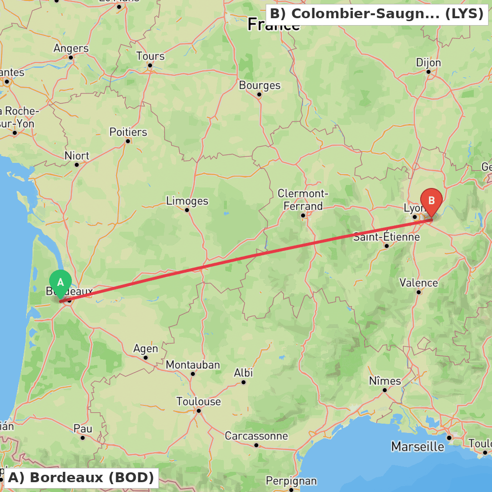 Flight route map from Bordeaux to Colombier-Saugnieu, Rhône
