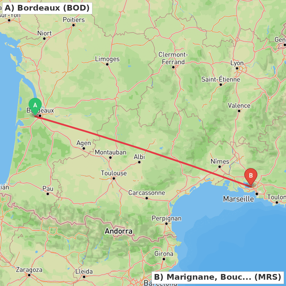 Flight route map from Bordeaux to Marignane, Bouches-du-Rhône