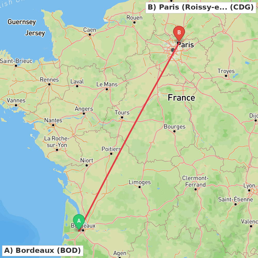 Flight route map from Bordeaux to Paris (Roissy-en-France, Val-d'Oise)