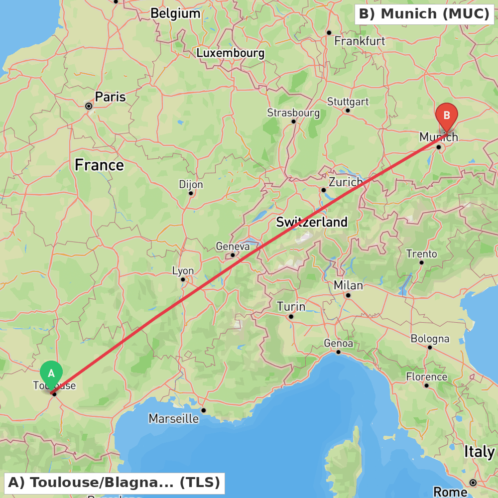 Flight route map from Toulouse/Blagnac to Munich