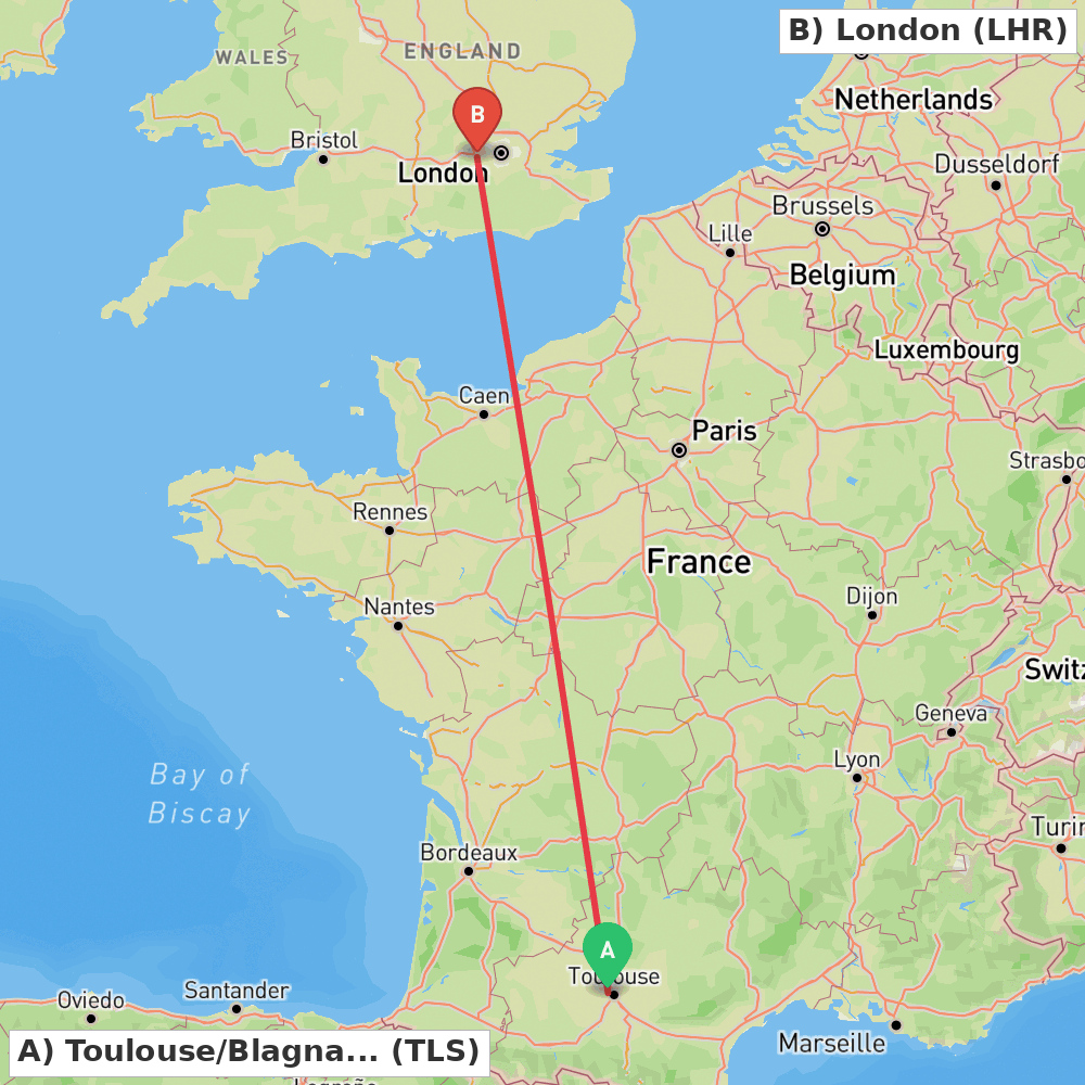 Flight route map from Toulouse/Blagnac to London