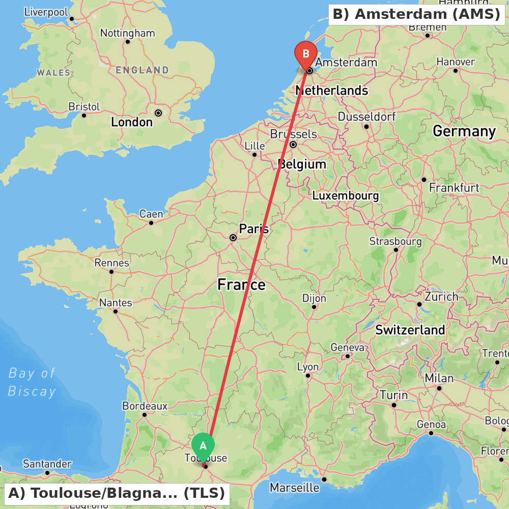 Flight route map from Toulouse/Blagnac to Amsterdam